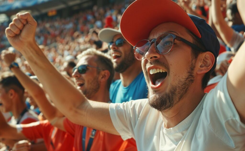supporters de foot qui lèvent les bras en pleine chaleur